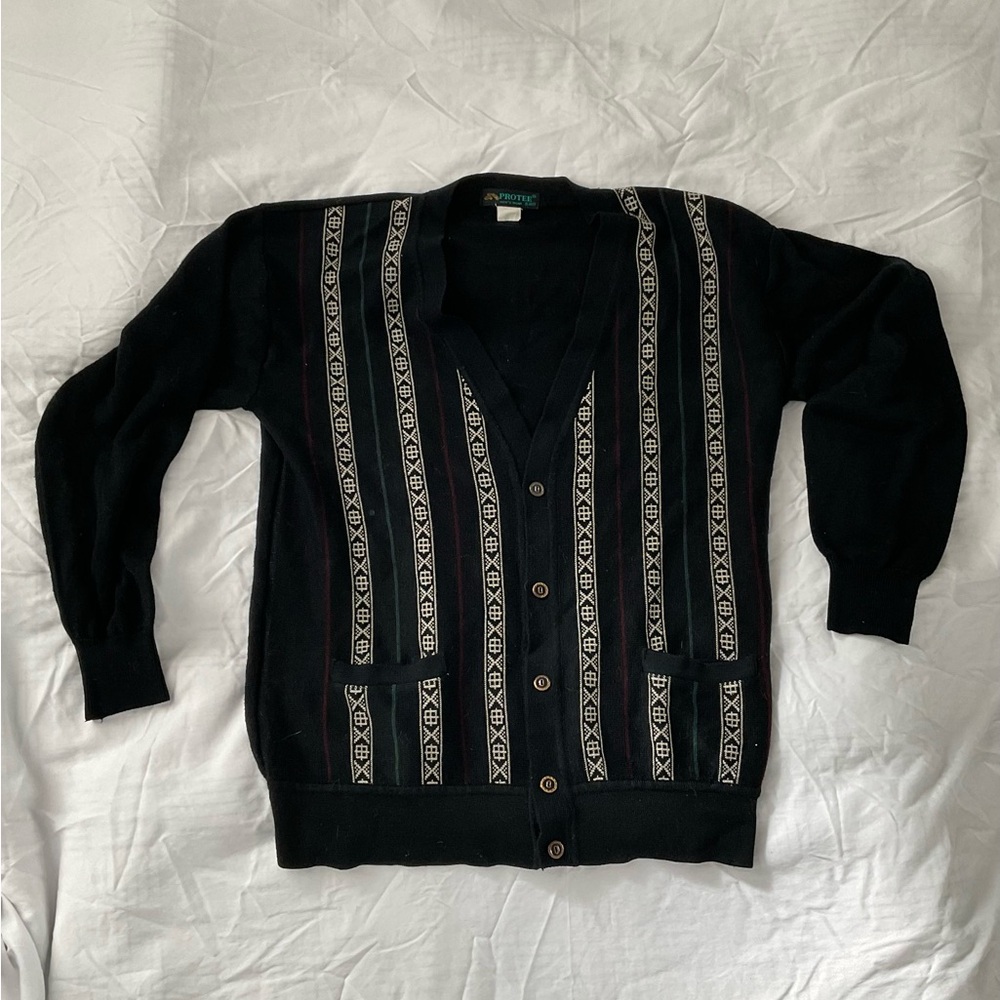 Vintage Black and White Men's Cardigan Sweater